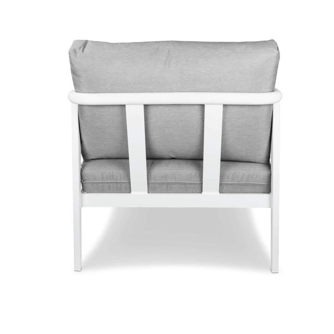 Porto Armchair in Arctic White Aluminium Frame with Teak Polywood Accent and Spuncrylic Stone Grey Cushions - The Furniture Shack