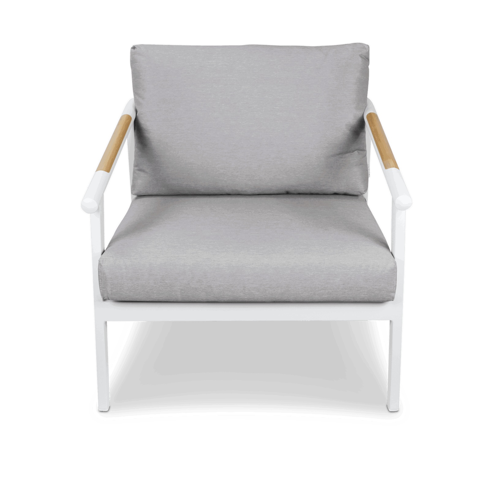 Porto Outdoor Armchair in Arctic White Aluminium Frame with Teak Polywood Accent and Spuncrylic Stone Grey Cushions - The Furniture Shack