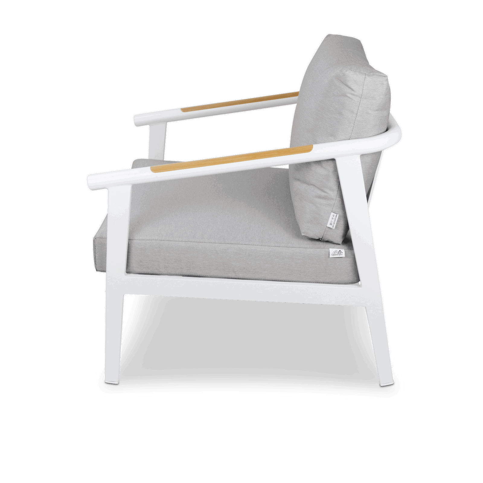 Porto Outdoor Armchair in Arctic White Aluminium Frame with Teak Polywood Accent and Spuncrylic Stone Grey Cushions - The Furniture Shack