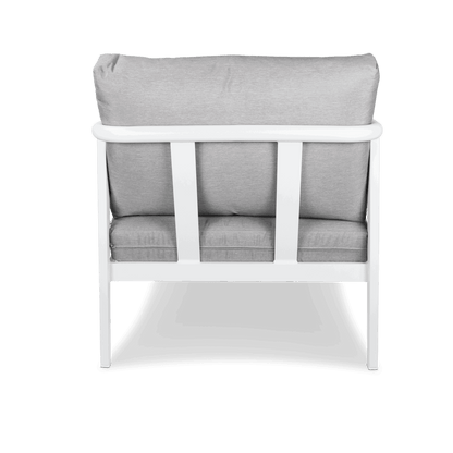 Porto Outdoor Armchair in Arctic White Aluminium Frame with Teak Polywood Accent and Spuncrylic Stone Grey Cushions - The Furniture Shack