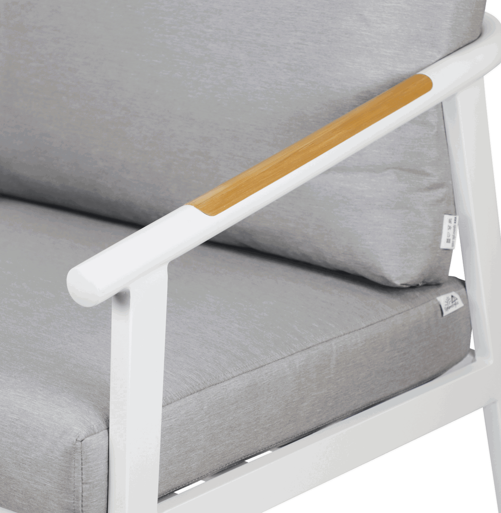 Porto Outdoor Armchair in Arctic White Aluminium Frame with Teak Polywood Accent and Spuncrylic Stone Grey Cushions - The Furniture Shack