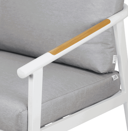 Porto Outdoor Armchair in Arctic White Aluminium Frame with Teak Polywood Accent and Spuncrylic Stone Grey Cushions - The Furniture Shack