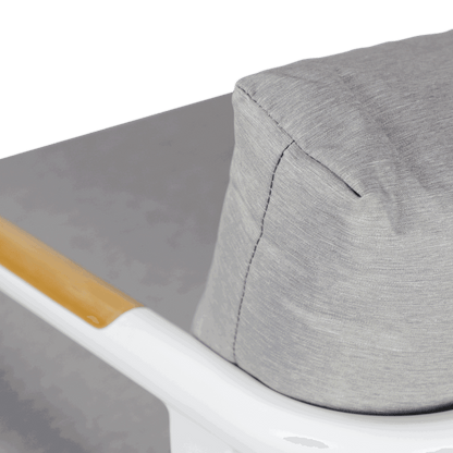 Porto Outdoor Armchair in Arctic White Aluminium Frame with Teak Polywood Accent and Spuncrylic Stone Grey Cushions - The Furniture Shack