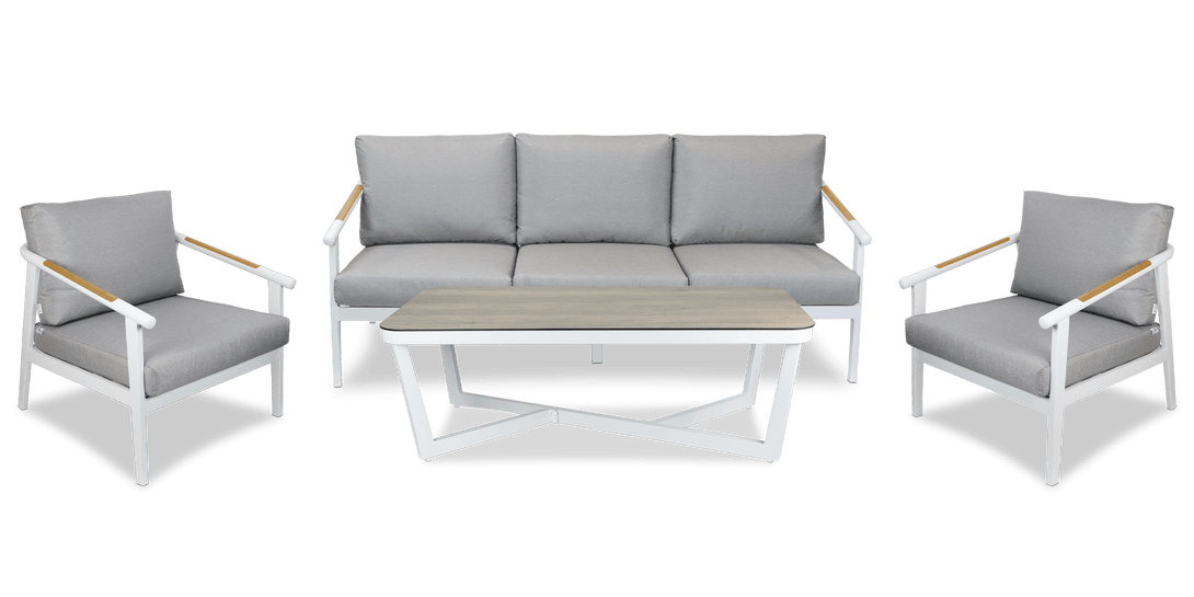 Porto 3 Seater with 2 x Armchair & Coffee Table in Arctic White with Teak Polywood Accent, HPL Table Top and Spuncrylic Stone Grey Cushions - The Furniture Shack