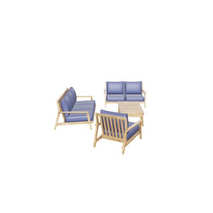 Riviera 3 Seater, 2 Seater, Armchair & Coffee Table in Premium Natural Teak and Navy Check Sunproof All Weather Fabric