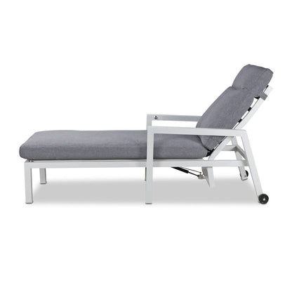 San Sebastian Reclining Sunlounger in Arctic White and Platinum Olefin Cushions - The Furniture Shack