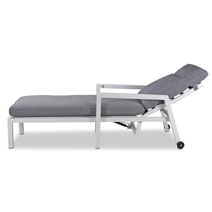 San Sebastian Reclining Sunlounger in Arctic White and Platinum Olefin Cushions - The Furniture Shack