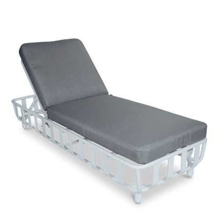 Sorrento Sunlounger & Mykonos Large Side Table in Arctic White with Spuncrylic Stone Grey Cushions - The Furniture Shack