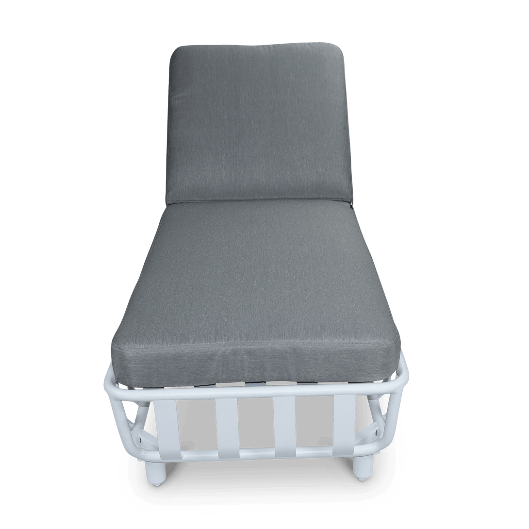 Sorrento Sunlounger & Mykonos Large Side Table in Arctic White with Spuncrylic Stone Grey Cushions - The Furniture Shack