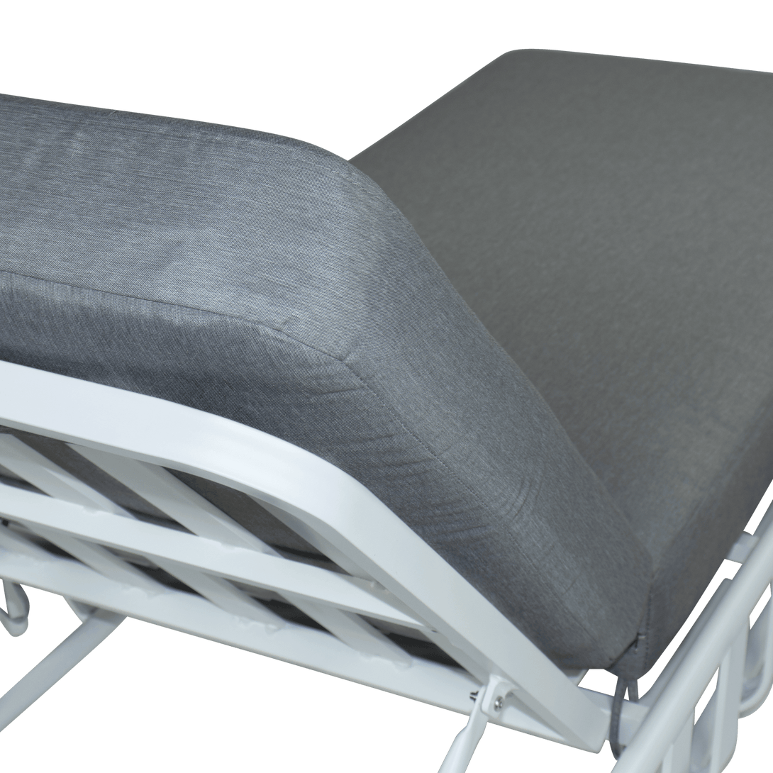 Sorrento Sunlounger & Mykonos Large Side Table in Arctic White with Spuncrylic Stone Grey Cushions - The Furniture Shack