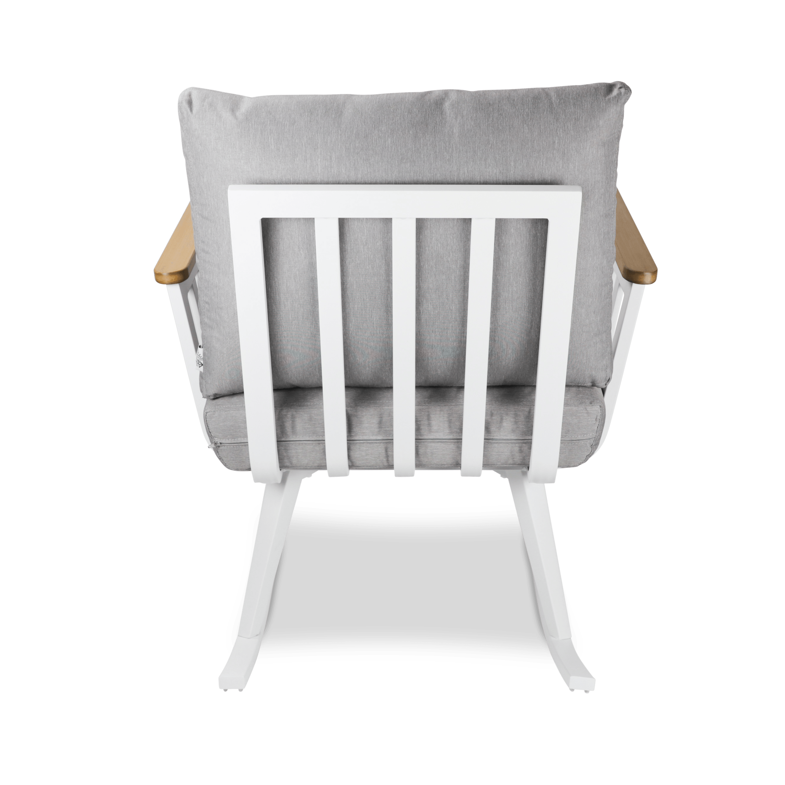 Sorrento Rocker in Arctic White with Polywood Teak Accent and Spuncrylic Stone Grey Cushions - The Furniture Shack