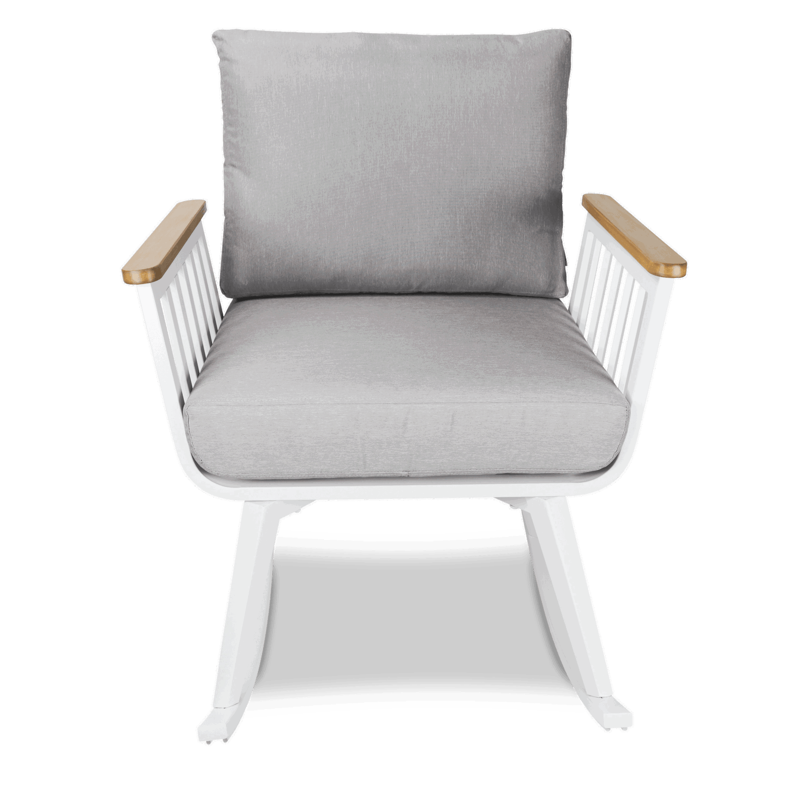 Sorrento Rocker in Arctic White with Polywood Teak Accent and Spuncrylic Stone Grey Cushions - The Furniture Shack