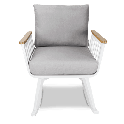 Sorrento Rocker in Arctic White with Polywood Teak Accent and Spuncrylic Stone Grey Cushions - The Furniture Shack