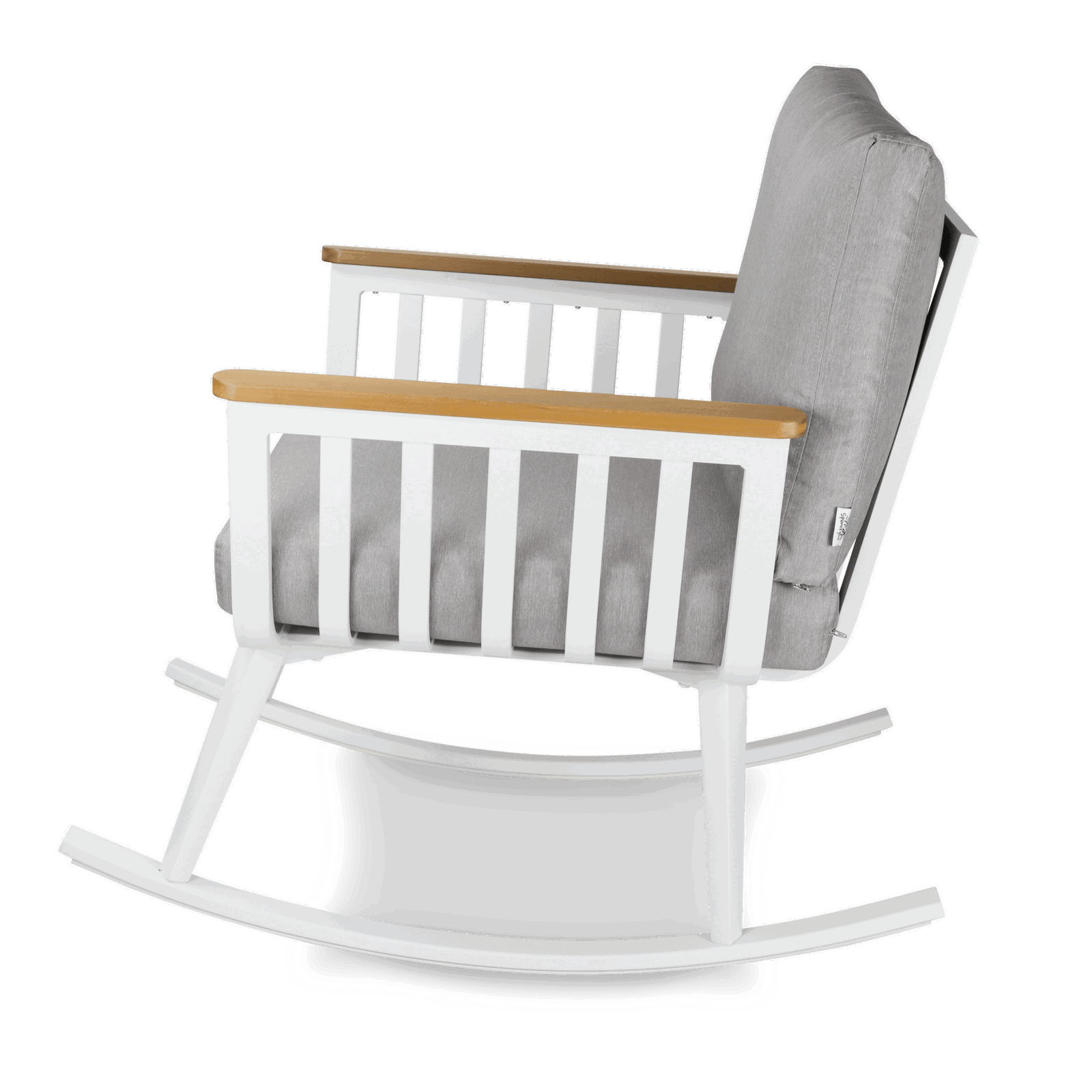 Sorrento Rocker in Arctic White with Polywood Teak Accent and Spuncrylic Stone Grey Cushions - The Furniture Shack