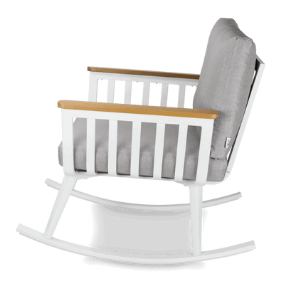 Sorrento Rocker in Arctic White with Polywood Teak Accent and Spuncrylic Stone Grey Cushions - The Furniture Shack