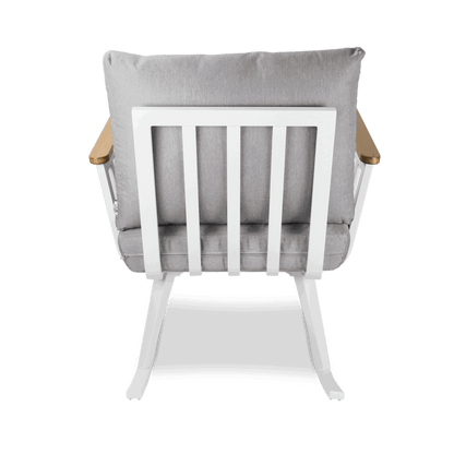 Sorrento Rocker in Arctic White with Polywood Teak Accent and Spuncrylic Stone Grey Cushions - The Furniture Shack