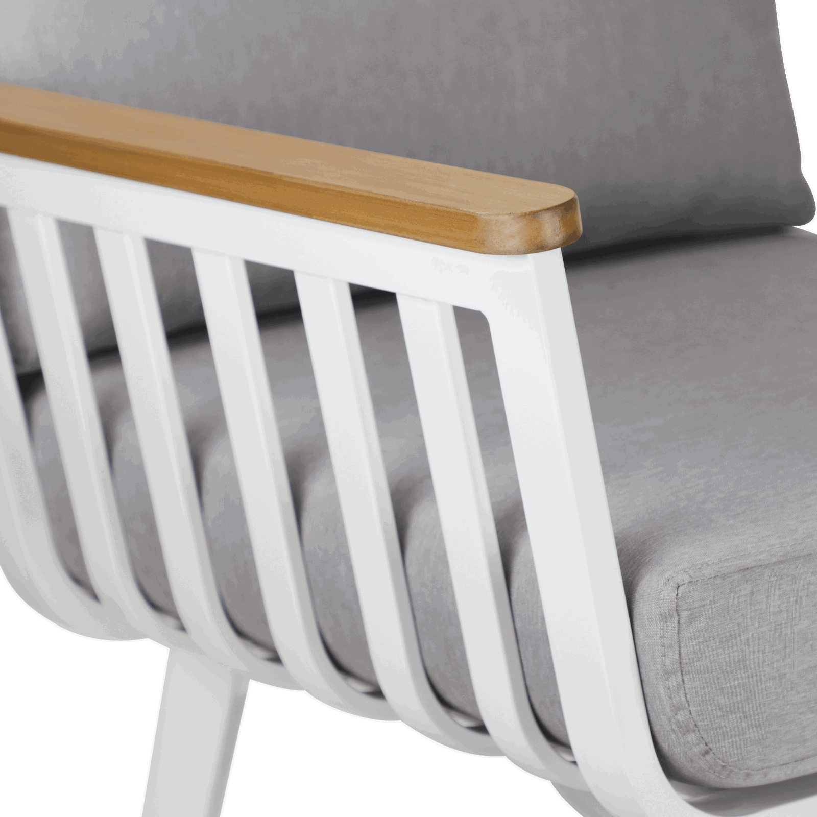 Sorrento Rocker in Arctic White with Polywood Teak Accent and Spuncrylic Stone Grey Cushions - The Furniture Shack