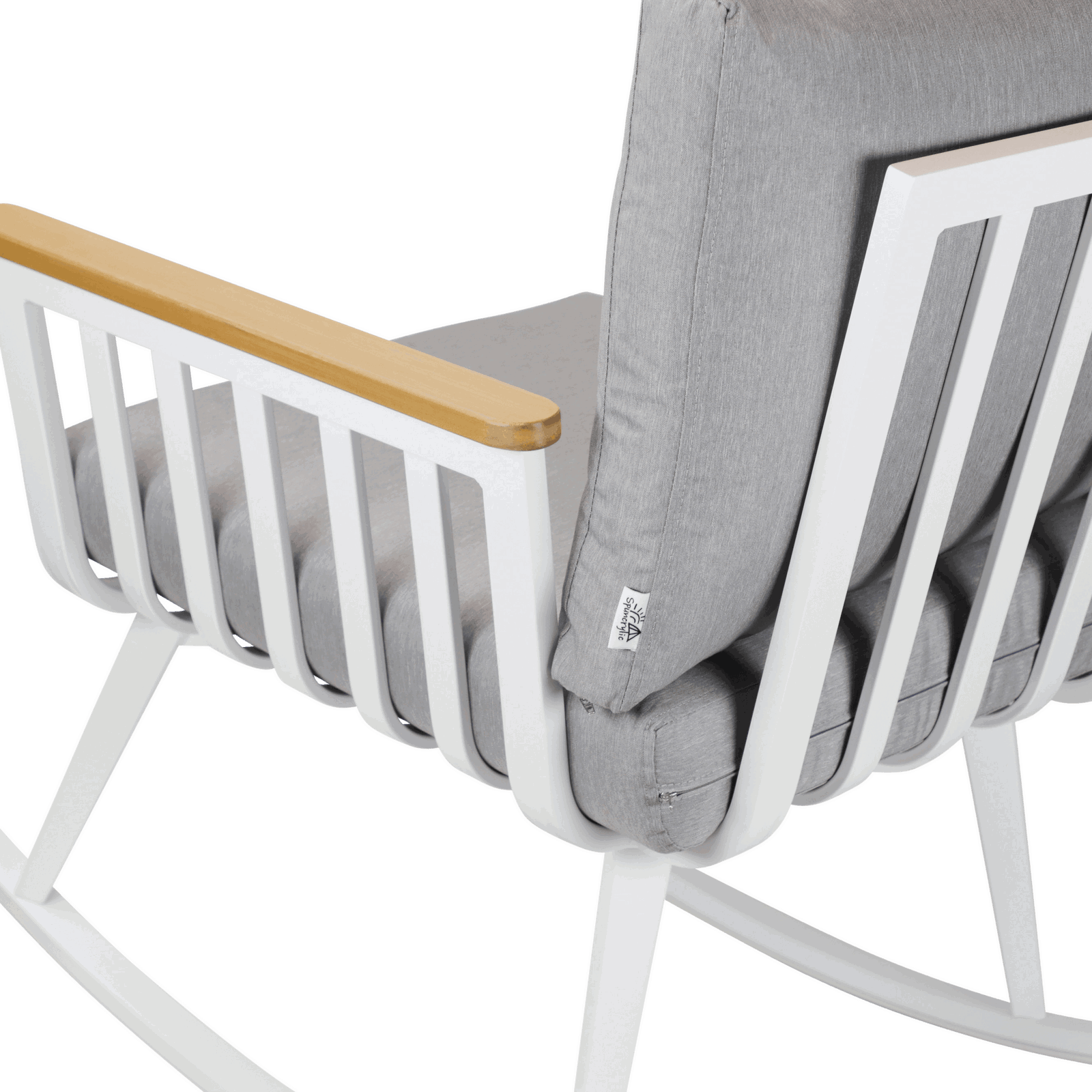 Sorrento Rocker in Arctic White with Polywood Teak Accent and Spuncrylic Stone Grey Cushions - The Furniture Shack