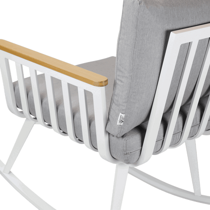 Sorrento Rocker in Arctic White with Polywood Teak Accent and Spuncrylic Stone Grey Cushions - The Furniture Shack