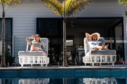 Sorrento Sunlounger in Arctic White with Spuncrylic Stone Grey Cushions - The Furniture Shack