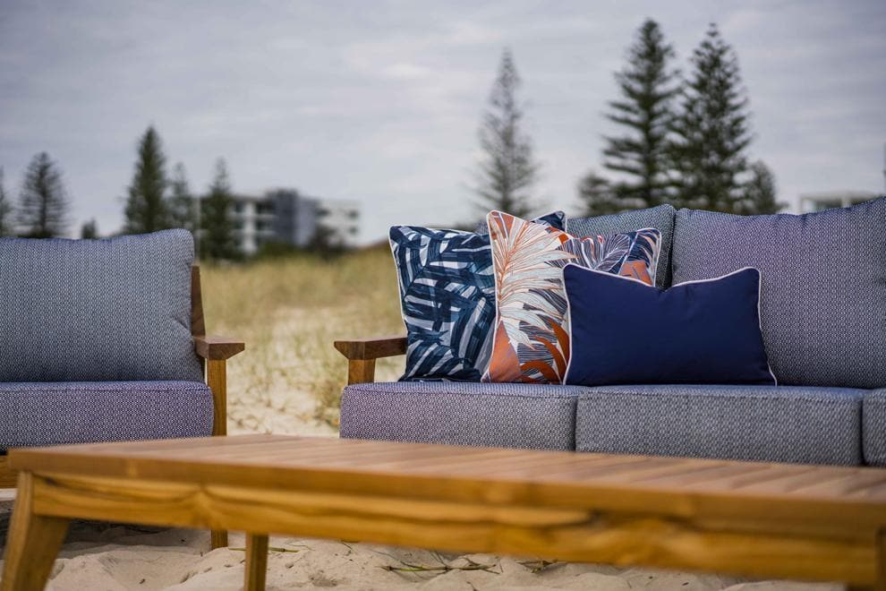 Riviera 3 Seater, 2 Seater, Armchair & Coffee Table in Premium Natural Teak and Navy Check Sunproof All Weather Fabric - The Furniture Shack