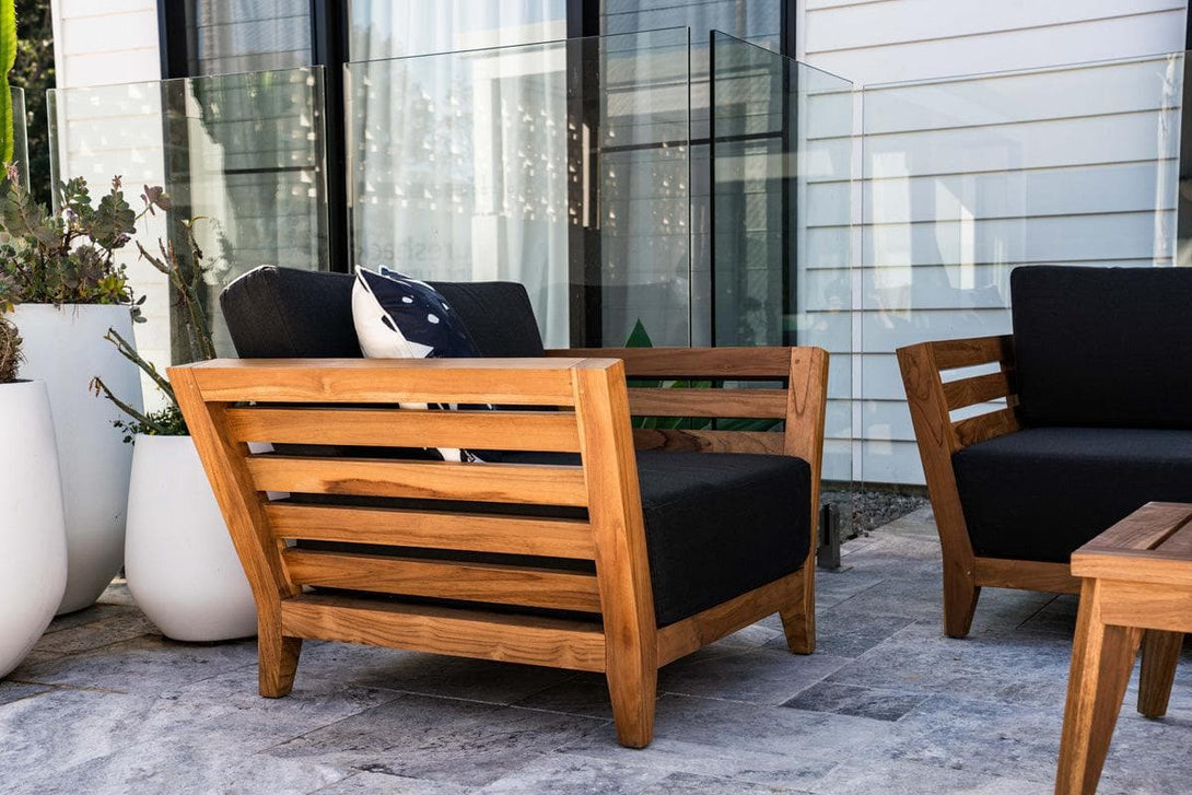 Daintree Armchair in Premium Natural Teak and Midnight Sunproof All Weather Fabric - The Furniture Shack