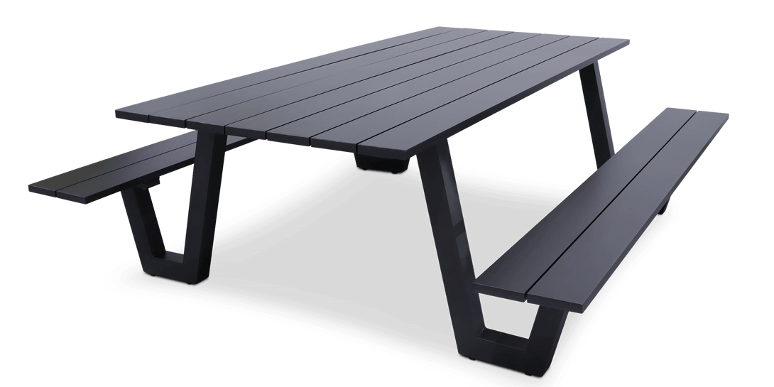 Mediterranean Dining Table and Bench Set in Gunmetal Aluminium - The Furniture Shack