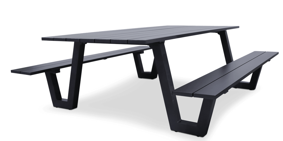 Mediterranean Dining Table and Bench Set in Gunmetal Aluminium - The Furniture Shack