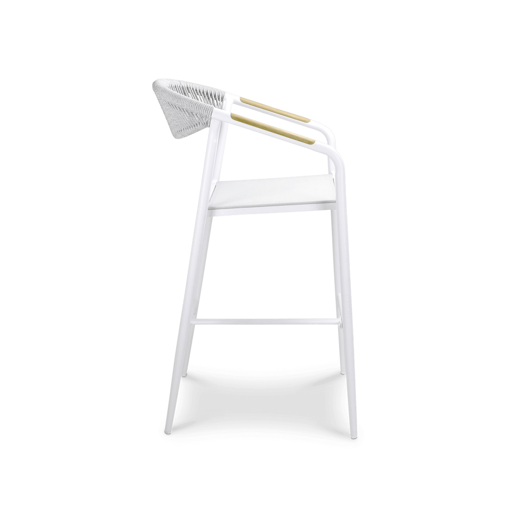 Amalfi Bar Stool in Arctic White Aluminium Frame, Olefin Rope with Polywood Teak Accent and Stone Grey Textilene - The Furniture Shack