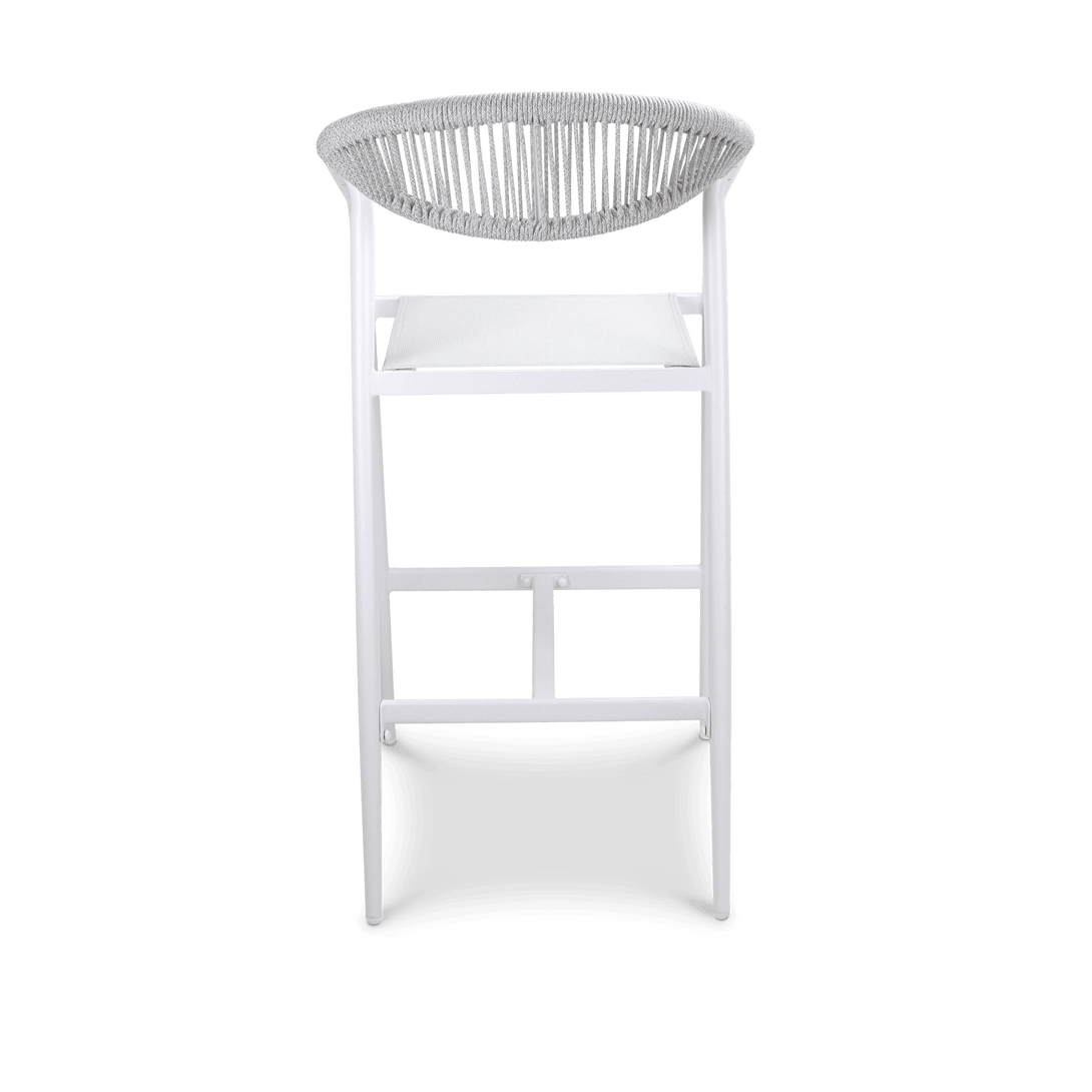 Amalfi Bar Stool in Arctic White Aluminium Frame, Olefin Rope with Polywood Teak Accent and Stone Grey Textilene - The Furniture Shack