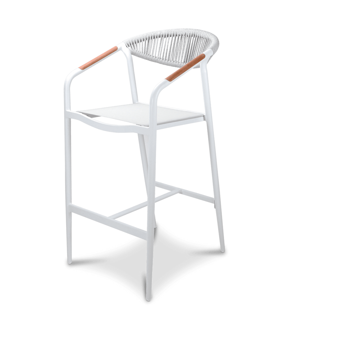Amalfi Bar Stool in Arctic White Aluminium Frame, Olefin Rope with Polywood Teak Accent and Stone Grey Textilene - The Furniture Shack