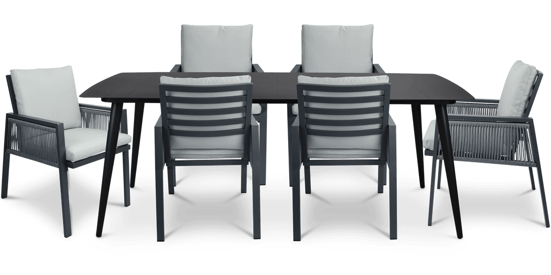 Amalfi Rectangle 7 Piece Outdoor Setting in Gunmetal with Rope Chairs