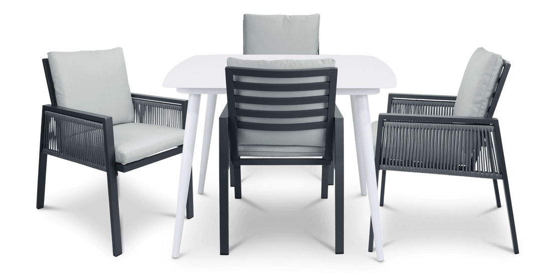 Amalfi Square 5 Piece Outdoor Setting in Arctic White with Rope Chairs