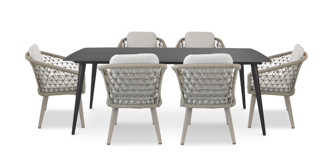 Amalfi Rectangle 7 Piece Outdoor Setting in Gunmetal with Rope Chairs
