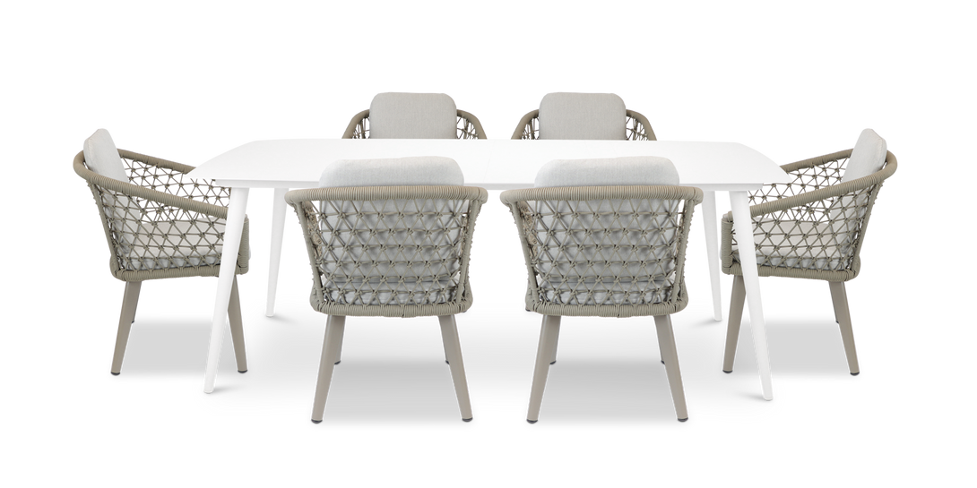 Amalfi Rectangle 7 Piece Outdoor Setting in Arctic White with Rope Chairs