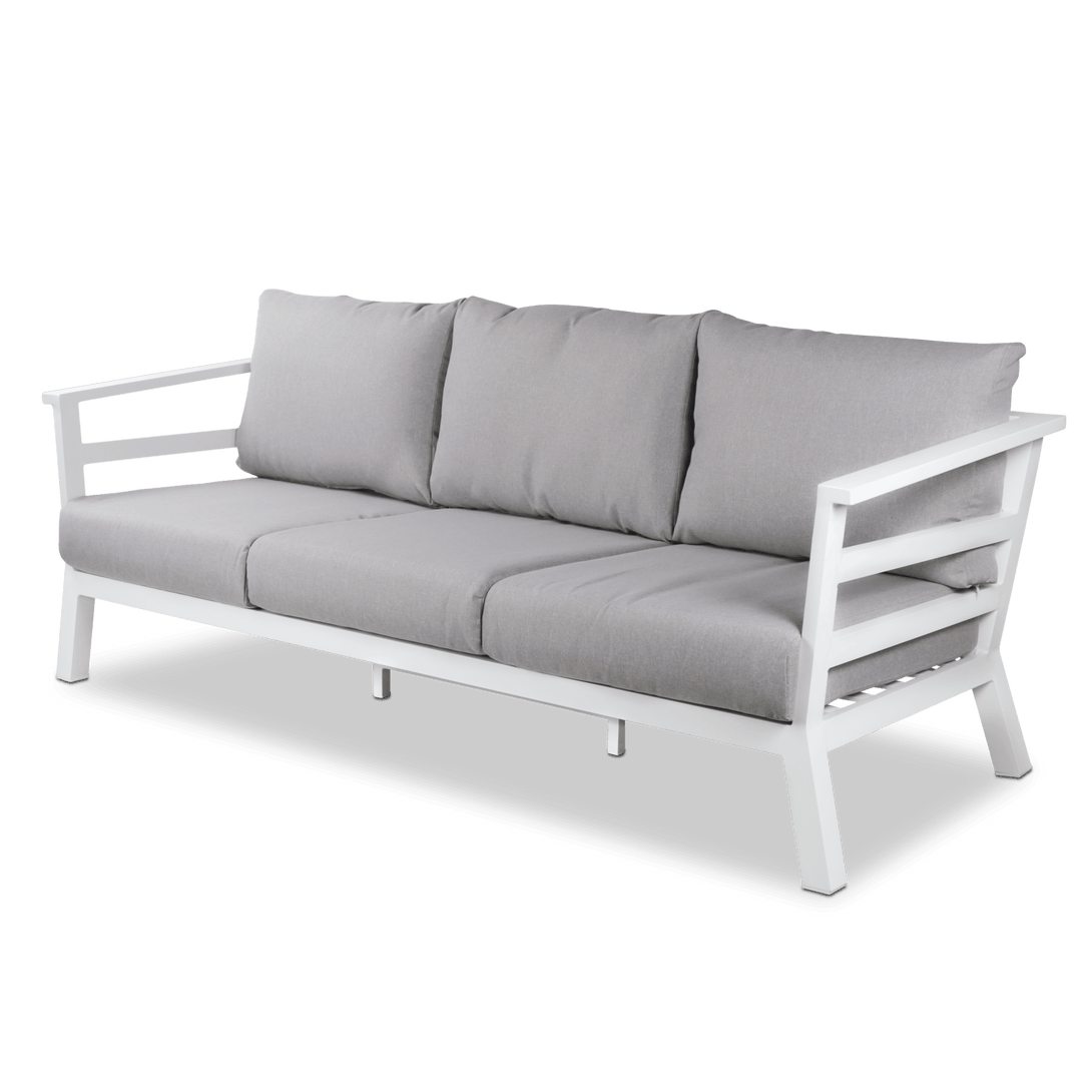 Aveiro 3 Seater with 2x Armchairs and Mykonos Adjustable Coffee Table in Arctic White with Stone Olefin Cushions - The Furniture Shack