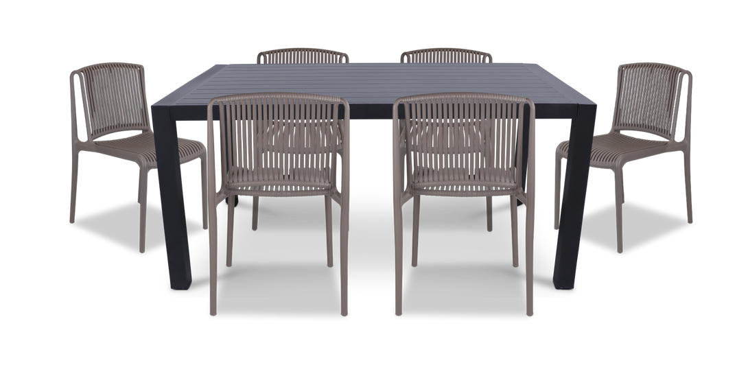 Bahamas Rectangle 7 Piece Outdoor Setting in Gunmetal with UV Plastic Outdoor Chairs (PP)