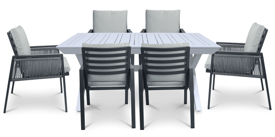 Caribbean Outdoor Extension Table in White with Rope Chairs