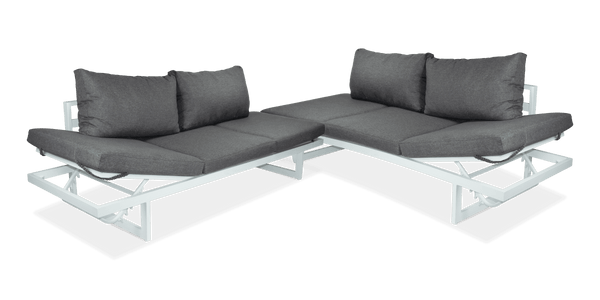 Milan Corner Set with Dual Sunlounger Functionality in Arctic White with Pebble Olefin Cushions - The Furniture Shack