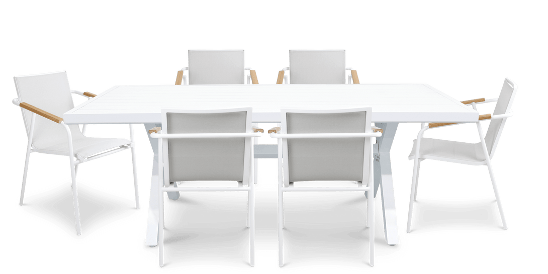 Noosa Rectangle 7 Piece Outdoor Setting in Arctic White with Aluminium Chairs