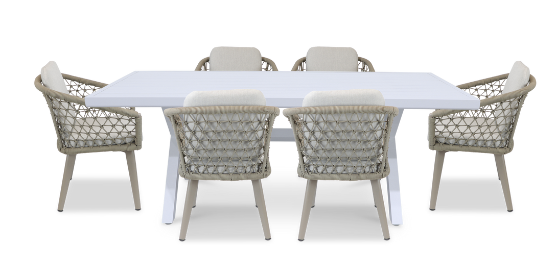 Noosa Rectangle 7 Piece Outdoor Setting in Arctic White with Rope Chairs