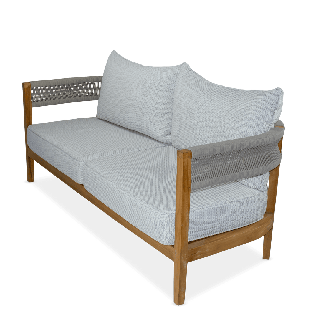 Pacific 3 Seater, 2 Seater & Armchair in Premium Natural Teak and Stone Check Sunproof All Weather Fabric - The Furniture Shack