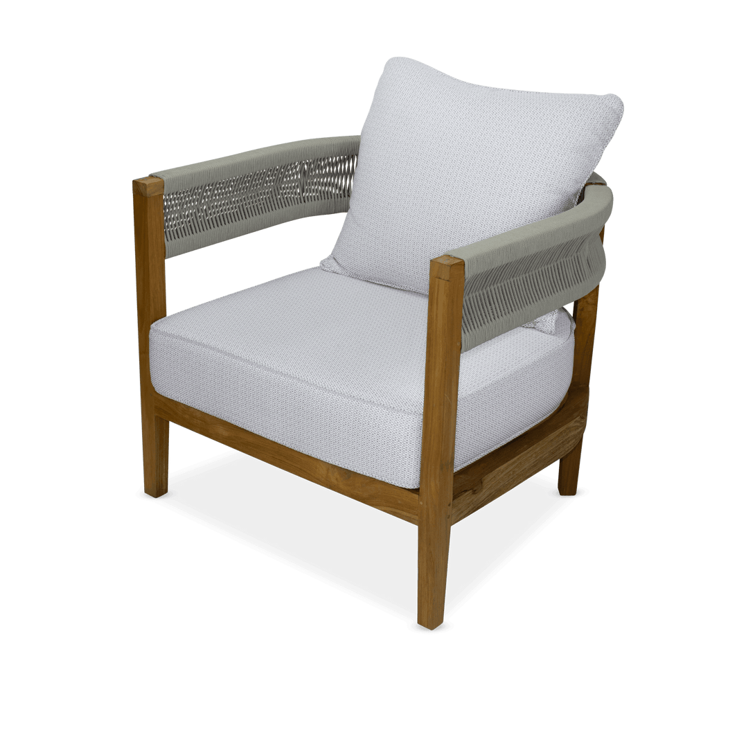 Pacific 3 Seater, 2 Seater, Armchair & Coffee Table in Premium Natural Teak and Stone Check Sunproof All Weather Fabric - The Furniture Shack
