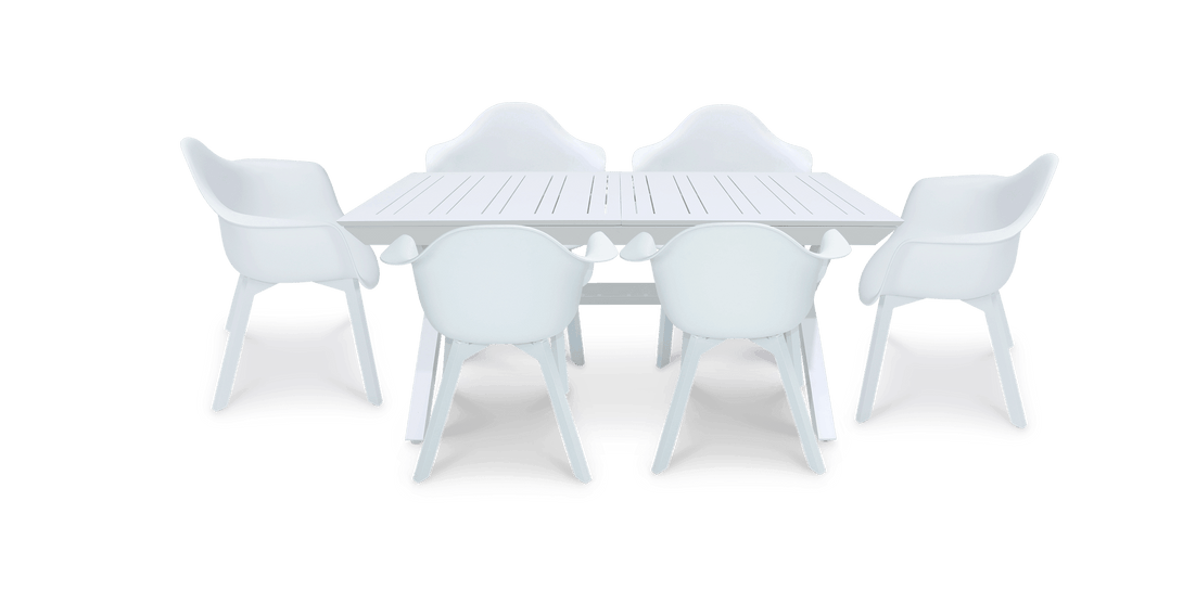 Caribbean Outdoor Extension Table in White with UV Plastic Outdoor Chairs (PP)